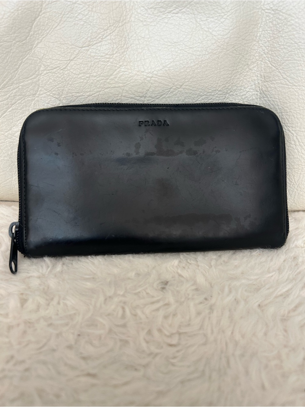 Prada Black Spazzolato Leather Zip Around Continental Wallet Made in Italy